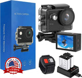 Waterproof action camera with front lens, waterproof housing, and rear display screen