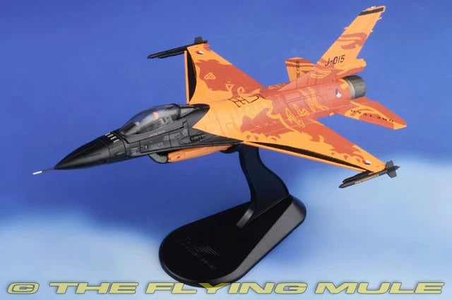 Hobby Master 1:72 F-16AM model fighter jet with orange lion-themed livery on display stand