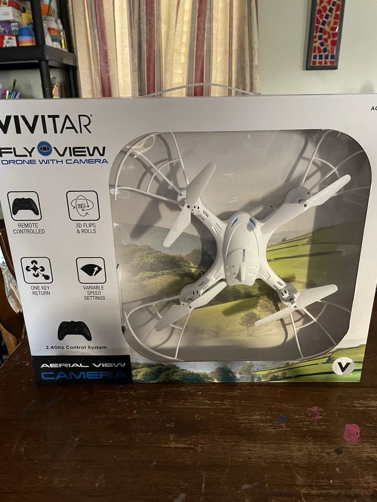 Vivitar Fly View drone with camera in box, white quadcopter shown on packaging