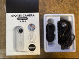 White sports action camera kit with 1080p WiFi H.264, USB rechargeable cable in box
