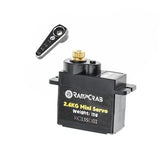 Black RC steering servo with brass output and mounting tab, RampCrab logo