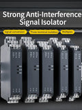 DIN-rail signal isolator module with labeled terminal blocks, multiple units shown