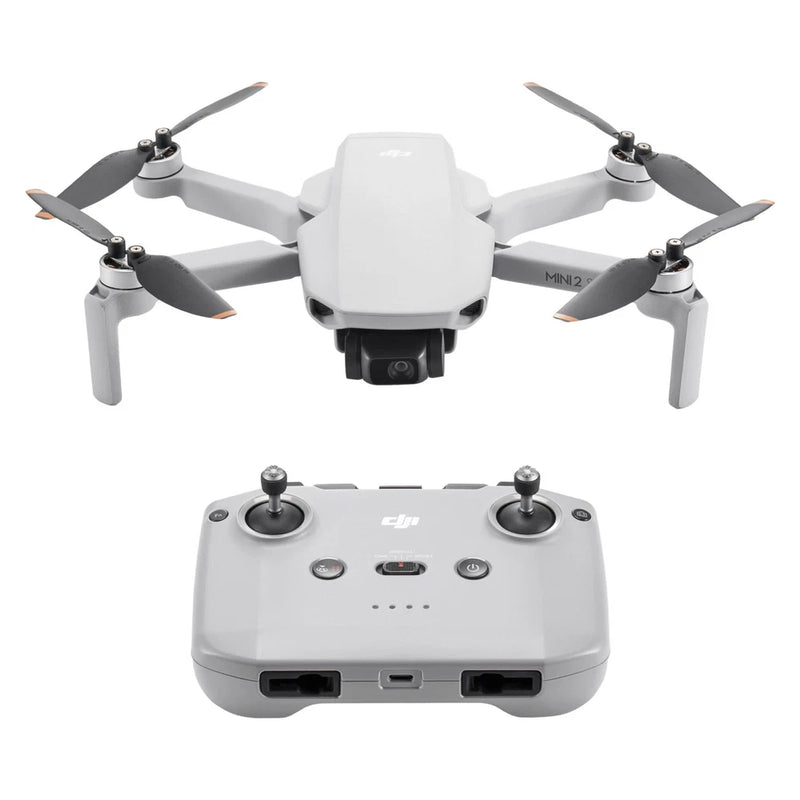 Foldable mini drone with 4 propellers and onboard camera, shown with remote controller.