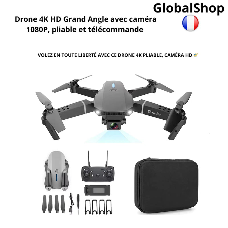 Foldable gray quadcopter drone with front camera, remote controller and carrying case