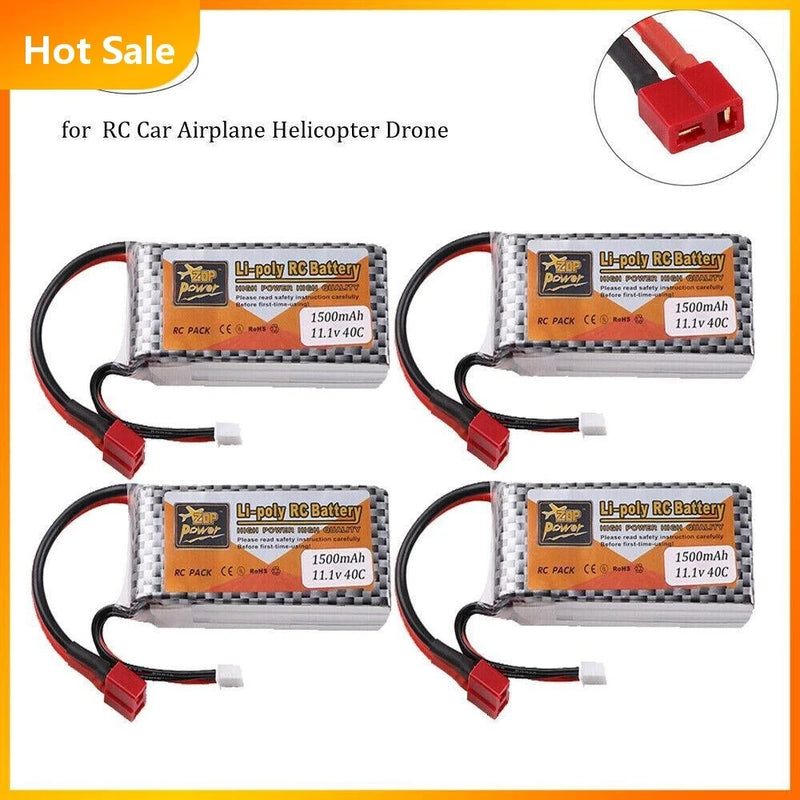 3S LiPo RC battery pack, 1500mAh, 40C, Deans plug (4-pack)
