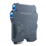 DIN-rail signal isolator converter with wiring diagram, blue terminals and side label