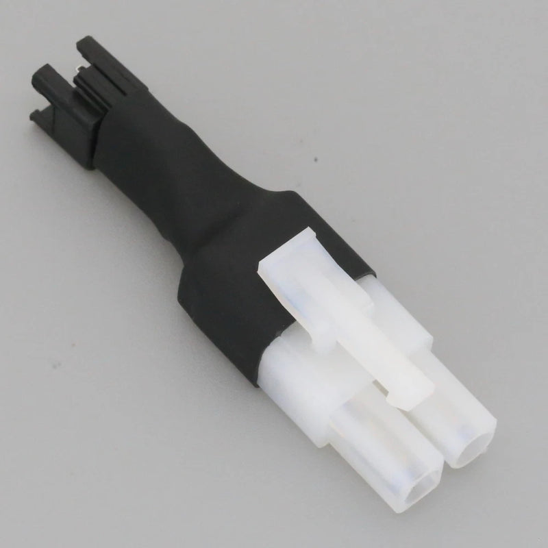 RC battery adapter, SM 2P male to Tamiya female, black housing with white connectors