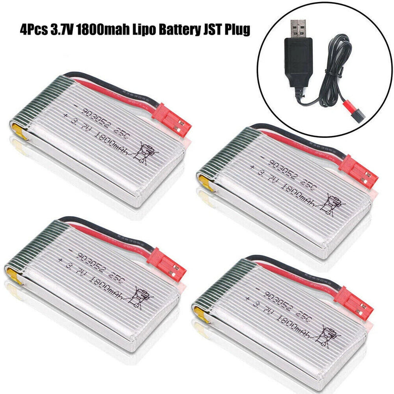 Pack (4) High Capacity LiPo DRONE BATTERY 3.7V 1800mAh 25C JST Plug w/ USB Cable Battery