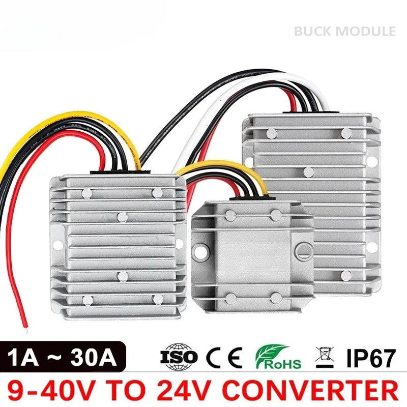 DC-DC buck-boost converter with aluminum heatsink and wiring harness, 9–40V to 24V