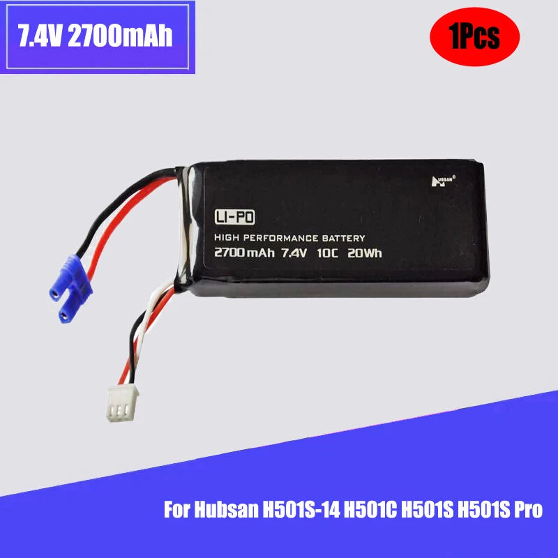 7.4V 2700mAh Li-Po drone battery with connector leads, black pack