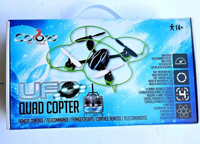 UFO quad copter drone RC toy in retail box, with controller and four rotors