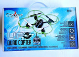 UFO quad copter drone RC toy in retail box, with controller and four rotors