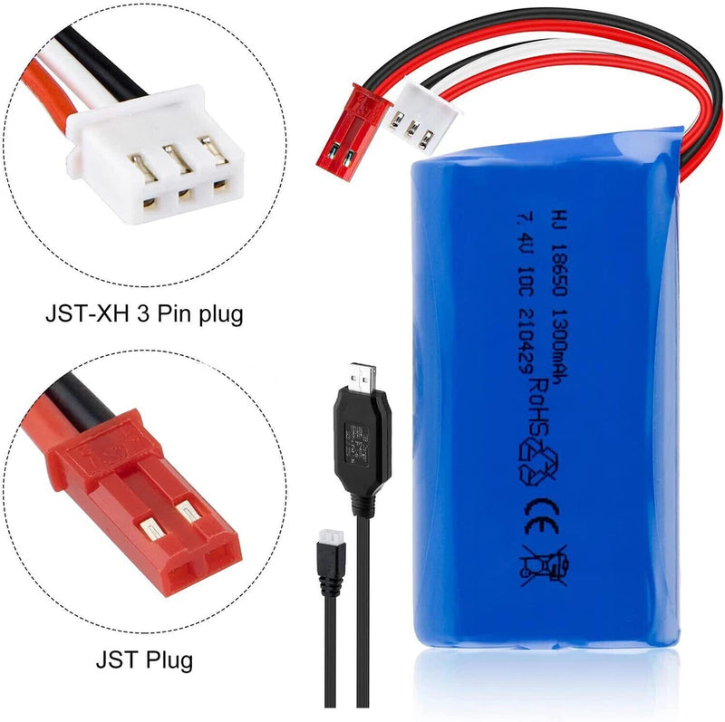 1300mAh 7.4V Lipo Battery 10C JST Plug USB Battery Charger for RC Car Off Road Battery