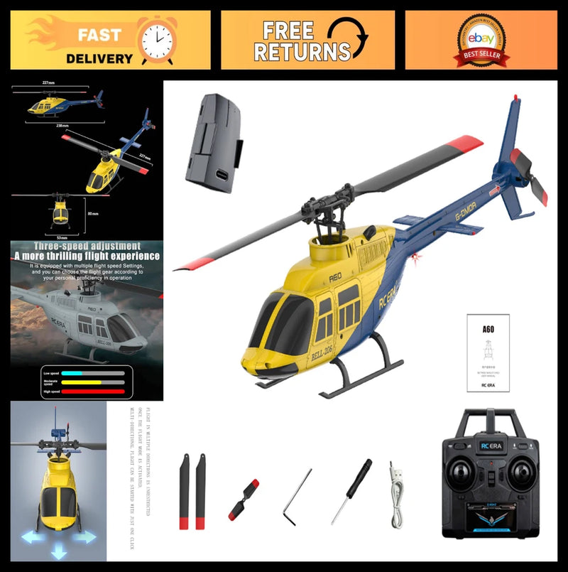 Yellow and blue 1/42 scale RC helicopter drone with landing skids, 2.4G transmitter