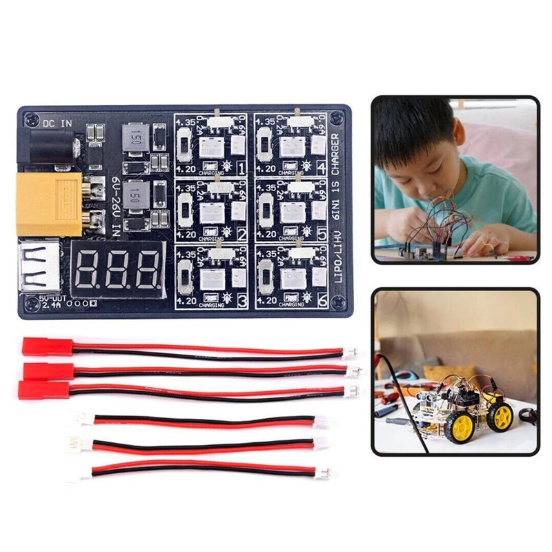 DIY battery charger adapter kit, DC input PCB with voltage display and jumper leads.