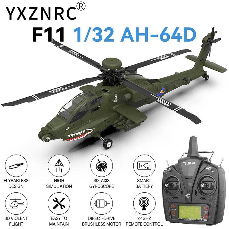 YXZNRC F11 AH-64D Apache 6-Axis Gyro 2.4G 6CH 3D RTF RC Helicopter w/2 Battery
