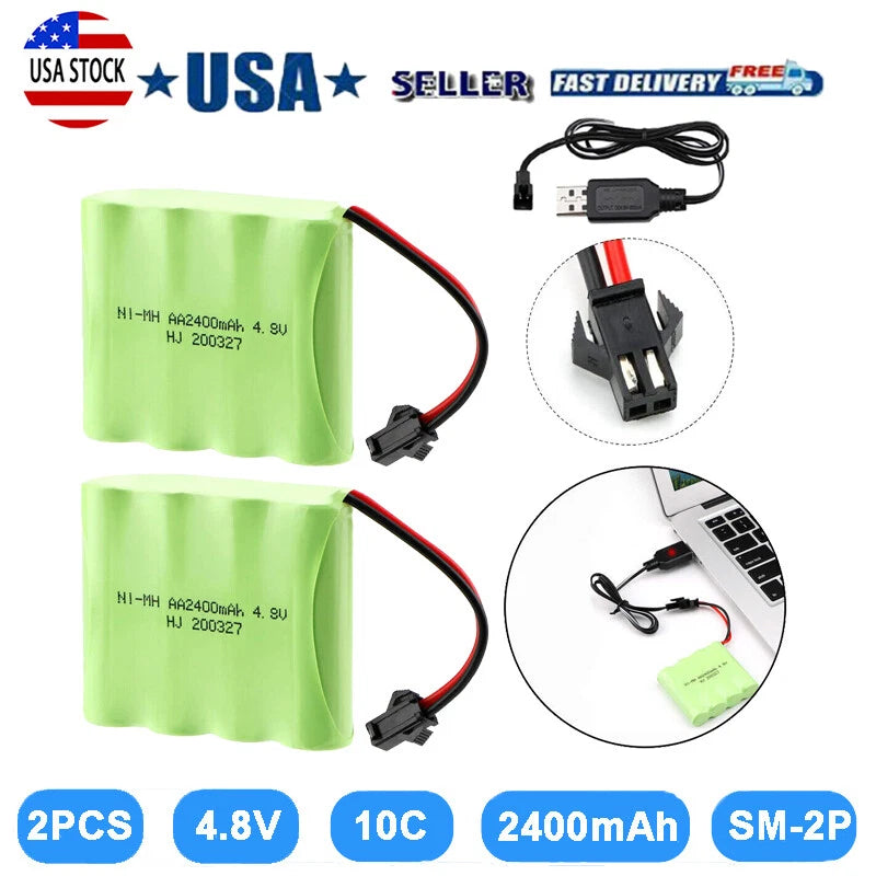 2x Ni-MH Battery 4.8V 2400mAh SM-2P 2Pin Plug 2 USB Charger for RC Cars Vehicles