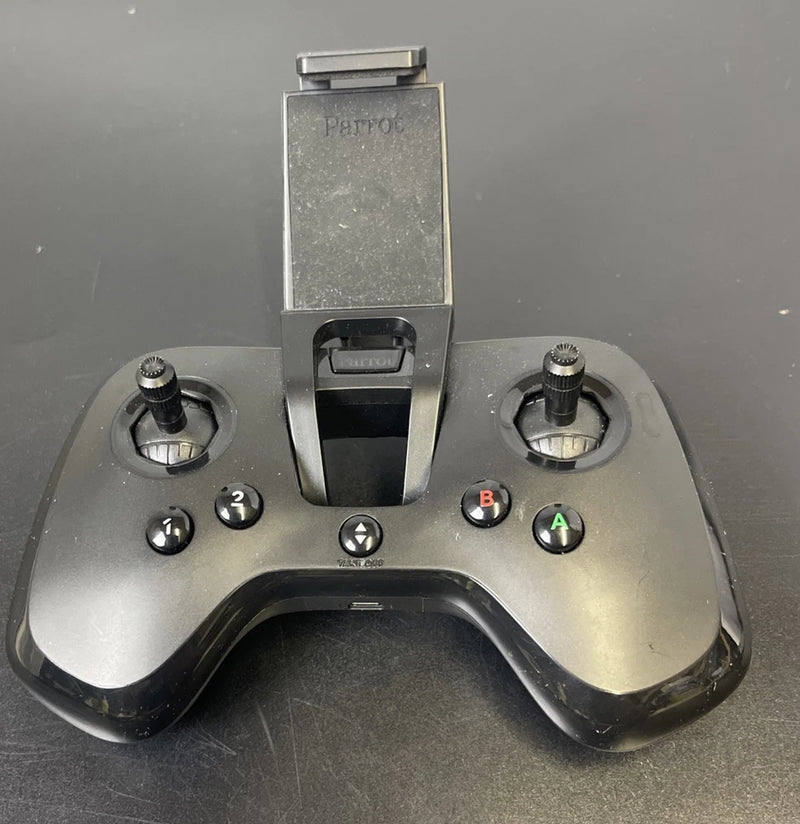 Drone controller with smartphone mount, two thumb joysticks, and multicolor buttons