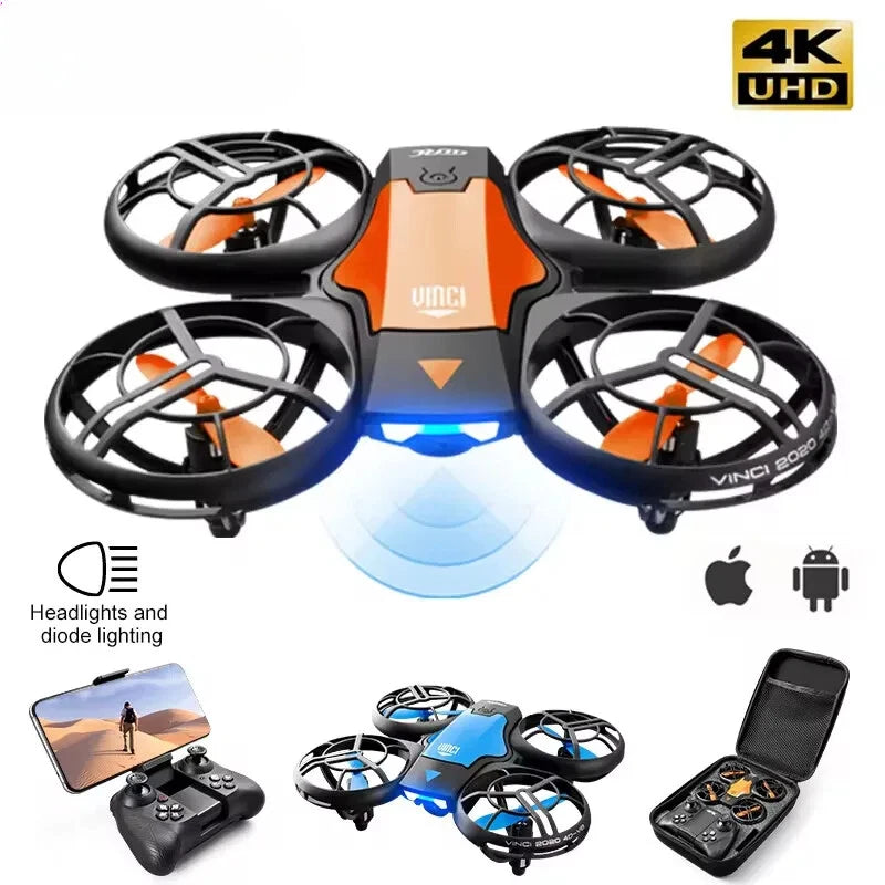 Foldable FPV quadcopter with orange accents and blue LED lights, with remote controller.