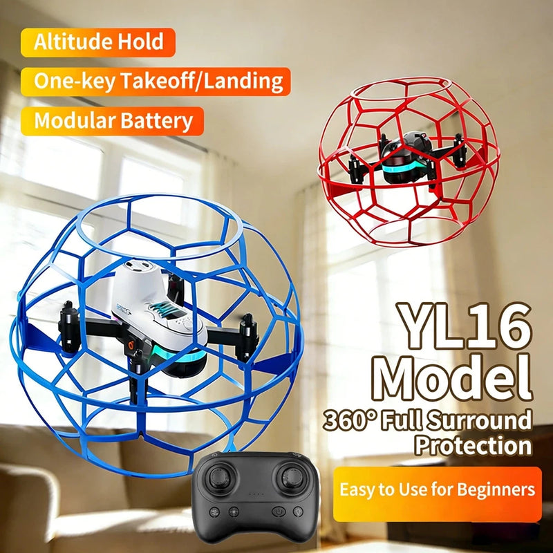 Kids football drone with blue protective soccer-style cage and black controller