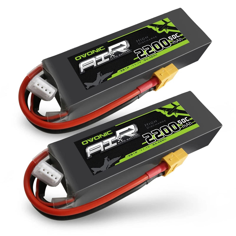 OVONIC 3s Lipo Battery 50C 2200mAh 11.1V 2 Count (Pack of 1), black+green Battery