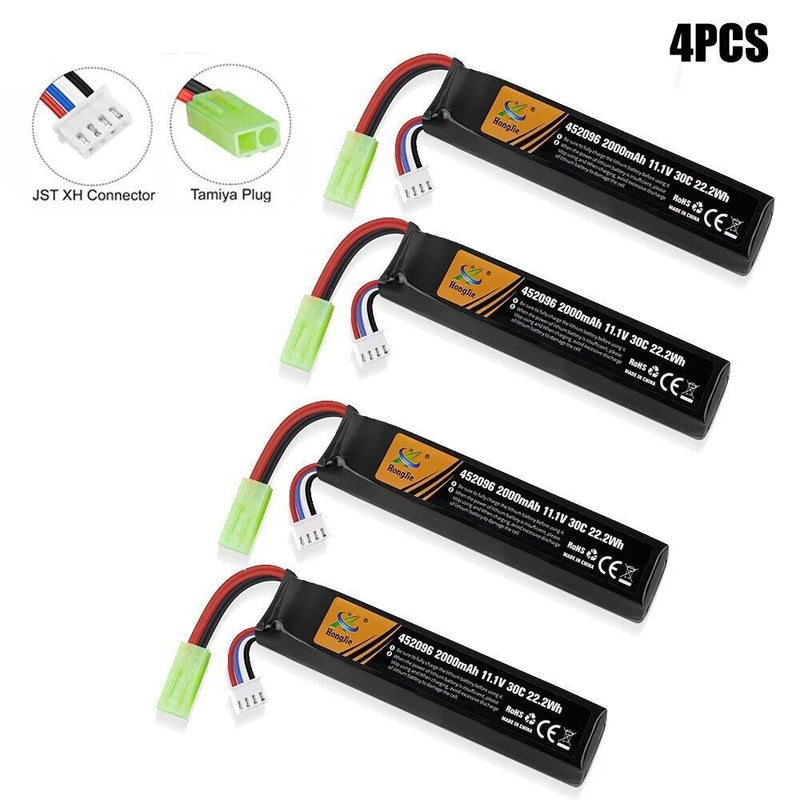 Rechargeable 11.1V LiPo airsoft battery set, 4 pack, black with red/black leads, mini Tamiya plug