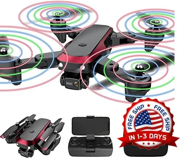 Foldable quadcopter drone with four propellers and compact black carrying case