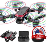 Foldable quadcopter drone with four propellers and compact black carrying case
