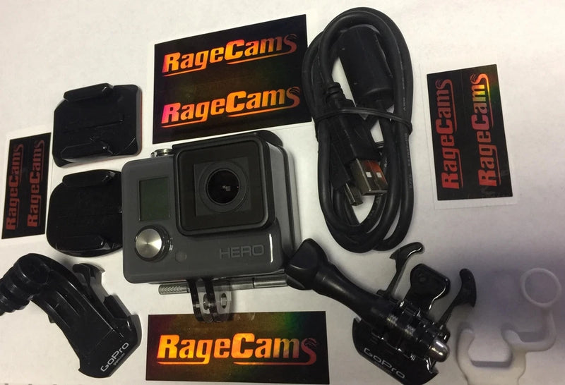 Action camera with waterproof housing, mounting brackets, and cable