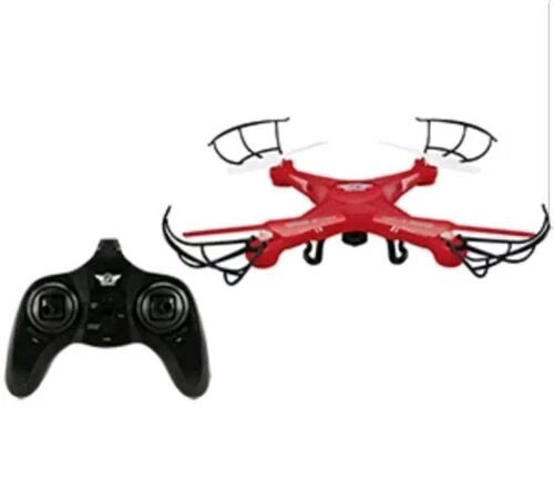 Red quadcopter drone with camera and black remote controller