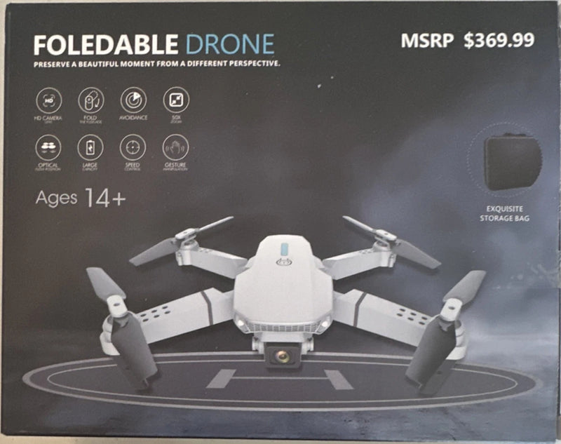 Foldable quadcopter drone box with illustrated white drone and four rotors