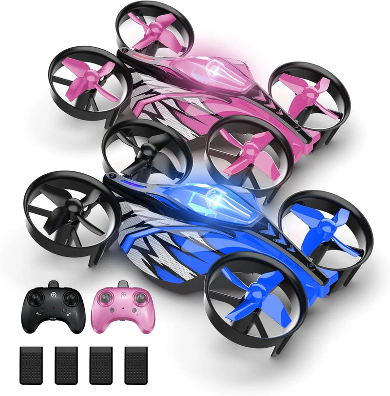 Mini 2-in-1 remote-control quadcopter drone with pink/blue LED, four propellers, controller