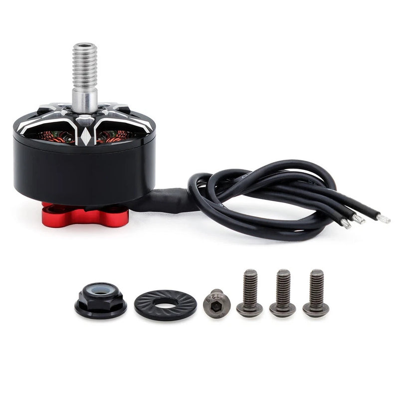 Brushless motor with black casing, silver shaft and wiring, plus mounting screws and caps