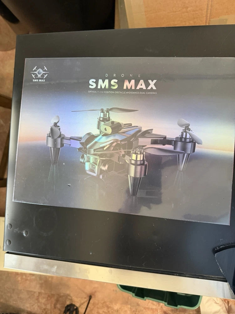 SMS MAX drone retail box with printed drone artwork and camera specifications