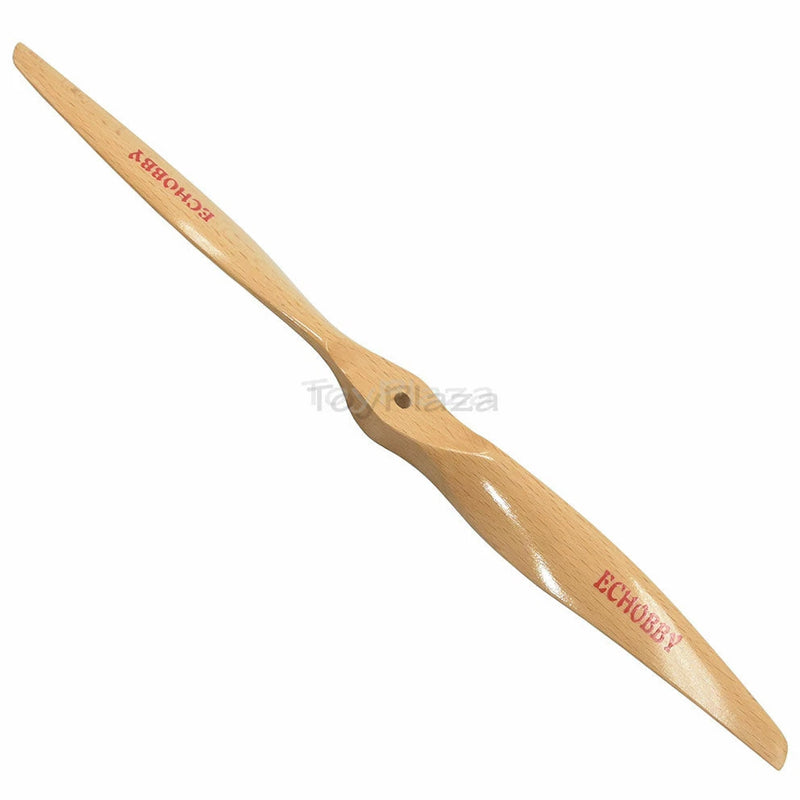 Wooden RC propeller blade with printed markings, light tan, curved shape