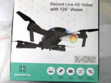 Black quadcopter drone with LED lights, 4-rotor design for HD live video