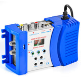 Blue HDMI-to-RF modulator box with coax connectors and AV/HDMI input panel and control LEDs