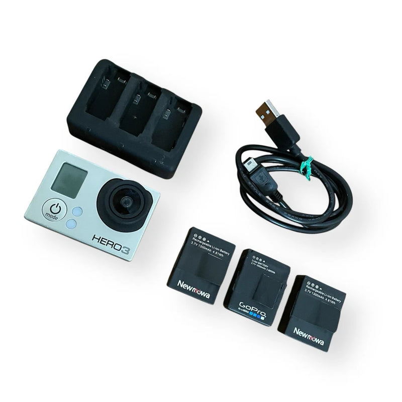 GoPro HERO3 silver action camera kit with charger, USB cable, and 3 batteries