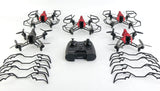 RC toy drone kit with multiple quadcopter frames, remote controller, and prop guards