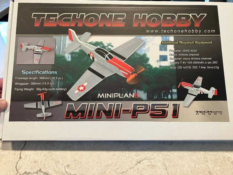 RC P-51 Mustang mini airplane ARF kit box art, white and red with Techone Hobby branding