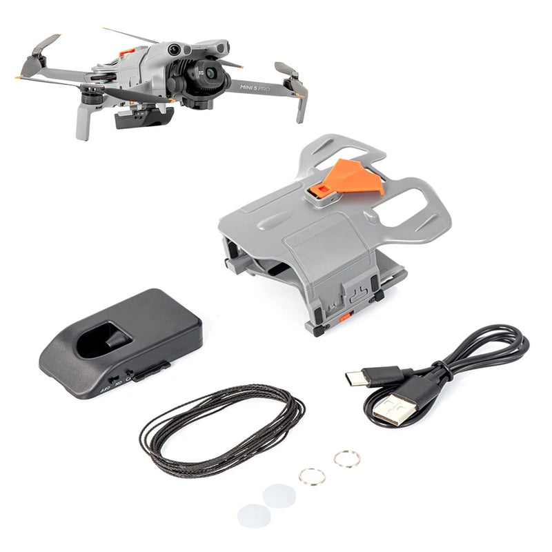 Drone airdrop dropping device kit with propeller fixed mount, cable, and case