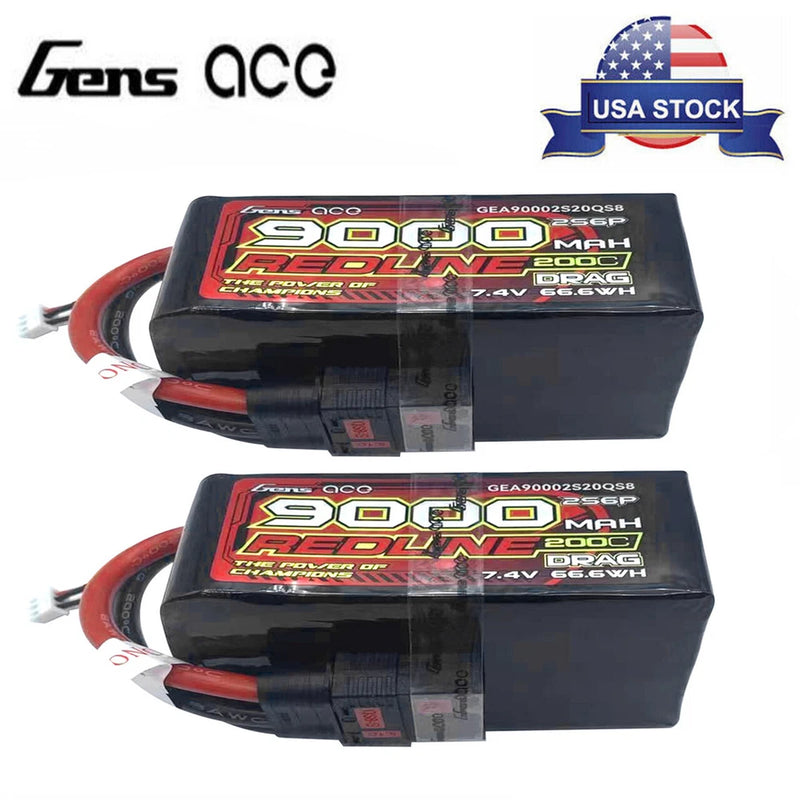 2X Gens Ace 9000mAh 7.4V 200C 2S6P Lipo Battery QS8 Plug For TRA/TRX Drag Slash Battery