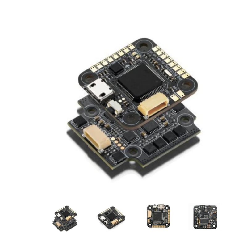 Drone flight controller and ESC circuit board, black PCB with components and ports