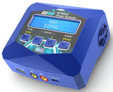 Blue AC battery charger with LCD screen, start/stop buttons and EC3/XT60 ports
