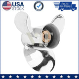 Stainless steel outboard boat propeller with three polished blades and hub