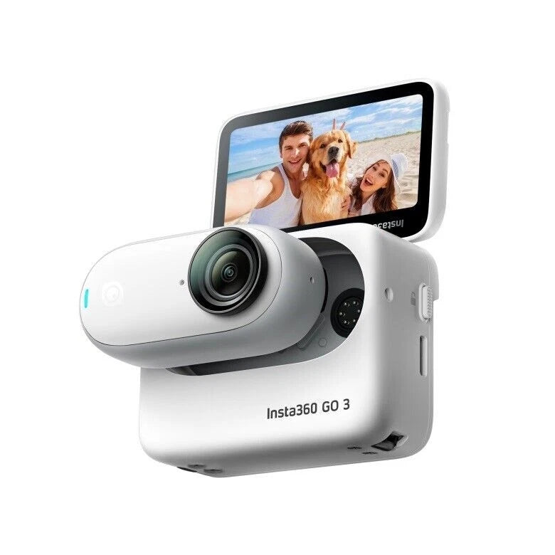 Insta360 GO 3 action camera, white body with front lens and side buttons