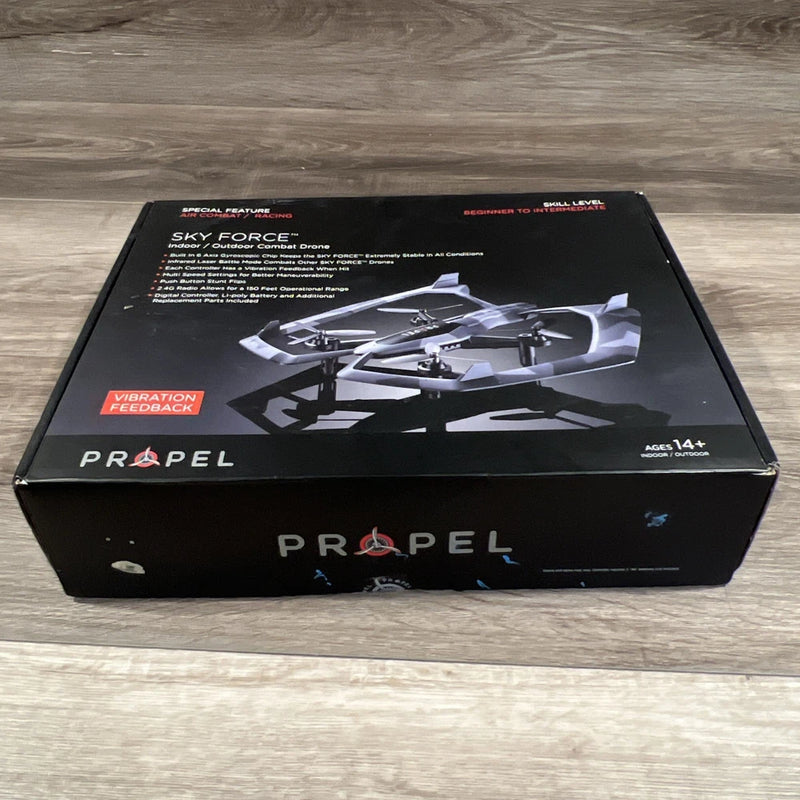 Propel Sky Force drone box, black with Propel logo and printed drone graphic