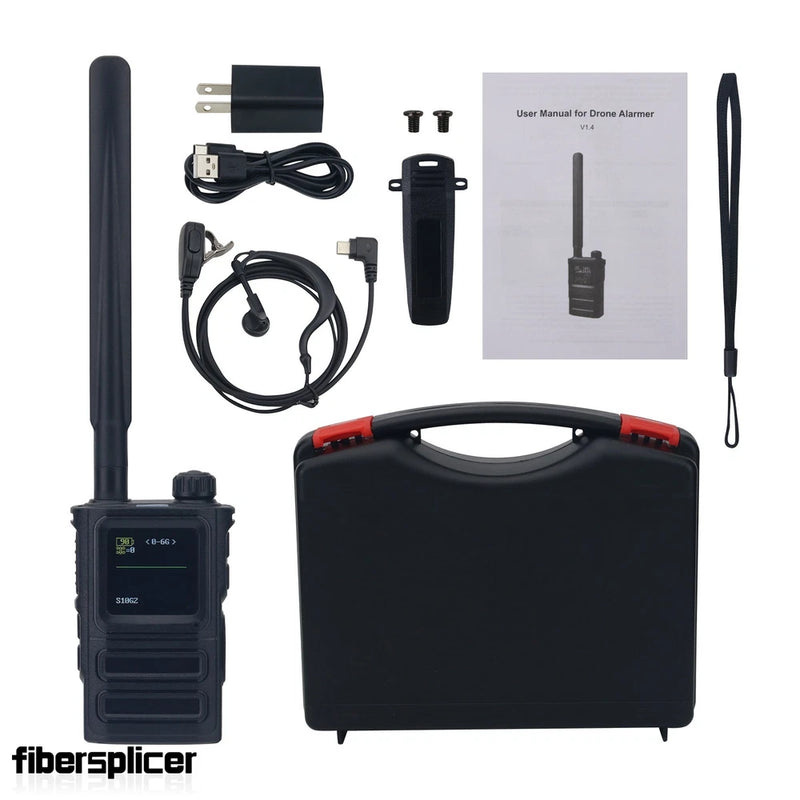 Handheld FPV drone alarm device with telescopic antenna, cables, and charging adapter