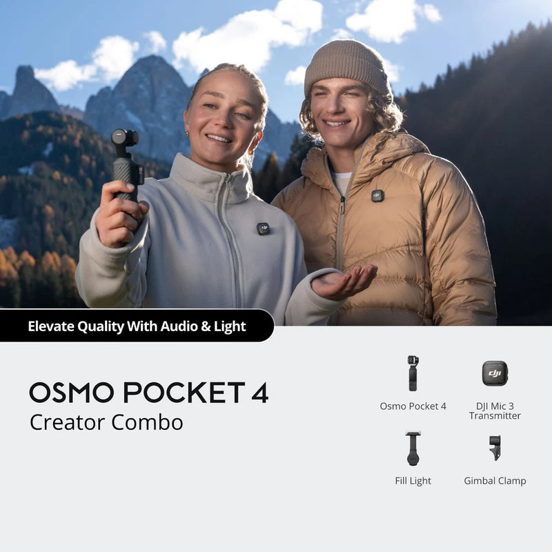 Handheld gimbal camera kit with Osmo Pocket 4, fill light, and DJI transmitter clamp