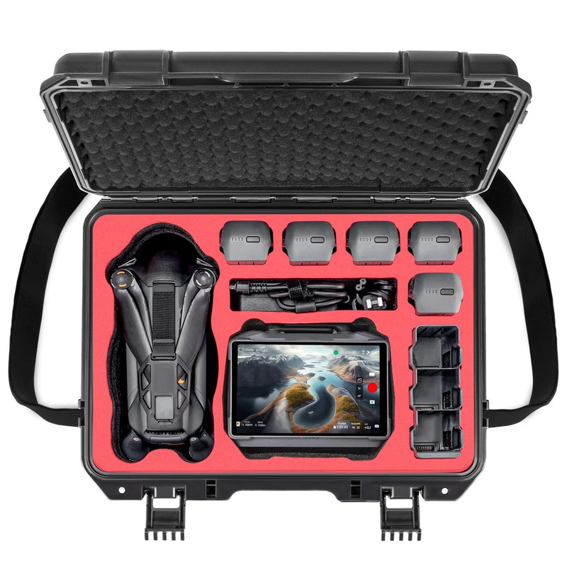Black hard waterproof drone carrying case with molded foam insert and handle, open with accessories